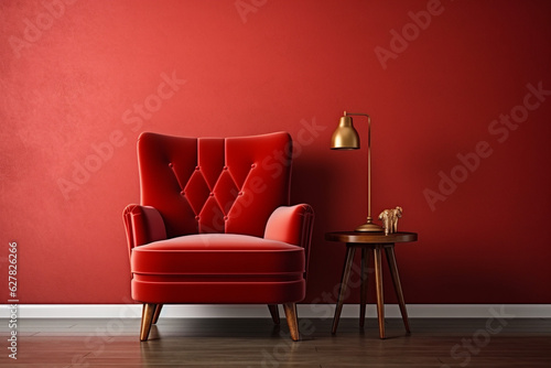 Beautiful luxury classic velvet red clean interior room in classic style with velvet red soft armchair. Vintage antique velvet chair standing beside emerald wall. Minimalist home design. High quality