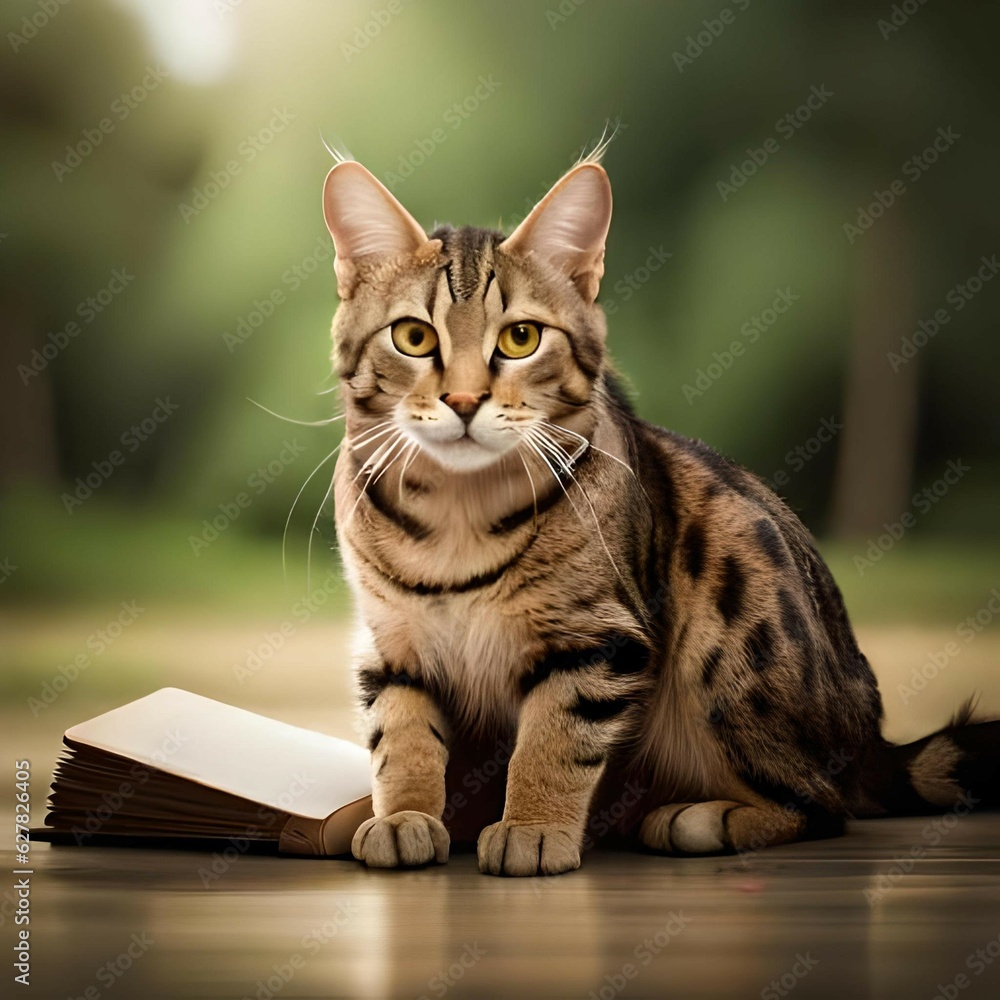 a cat sitting next to a book