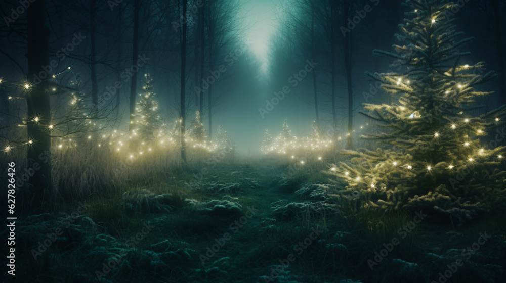 Forest with christmas trees and glowing lights Forest with christmas trees and glowing lights