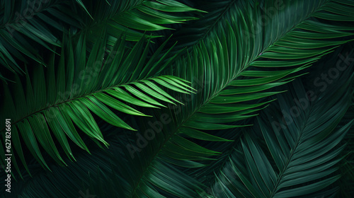 beautiful palm leaves in a wild tropical palm garden, dark green palm leaf texture concept full framed