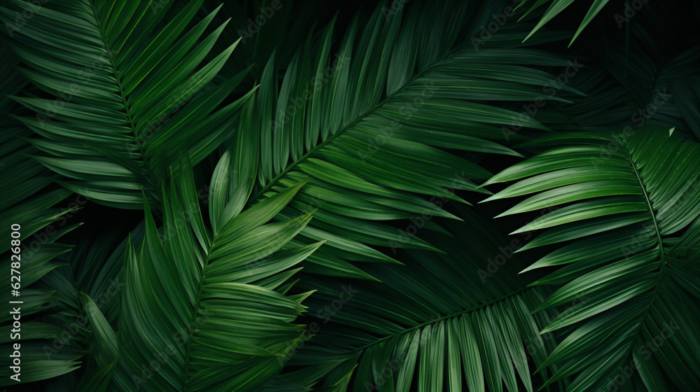 beautiful palm leaves in a wild tropical palm garden, dark green palm leaf texture concept full framed