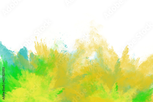 Explosion of coloured powder blue, yellow, green dust particles explode isolated on white background.