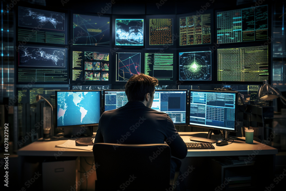 A visually stunning portrayal of a male trader, surrounded by multiple screens, monitoring price movements in real-time Generative AI