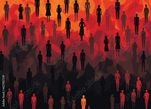 Crowd of people talking and interacting with each other - vector illustration. Communication between a group of various multiethnic and multicultural people. Color profile silhouette. Population. 