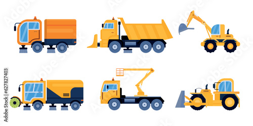 City street cleaning equipment. Modern street sweeper truck, industrial vehicle for road service. Urban machinery, snowplough