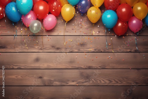 a celebration with balloons over a rustic wood background generative Ai