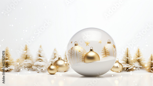 Festive white and gold Christmas ornaments and baubles. Empty glass snow ball isolated on white background.