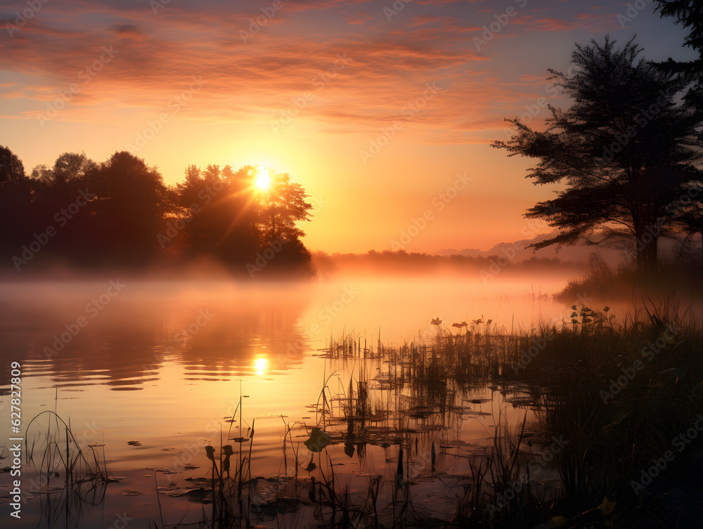 Stunning Sunrise Over a Serene, Misty Lake - Perfect for Inspirational or Relaxation Themes