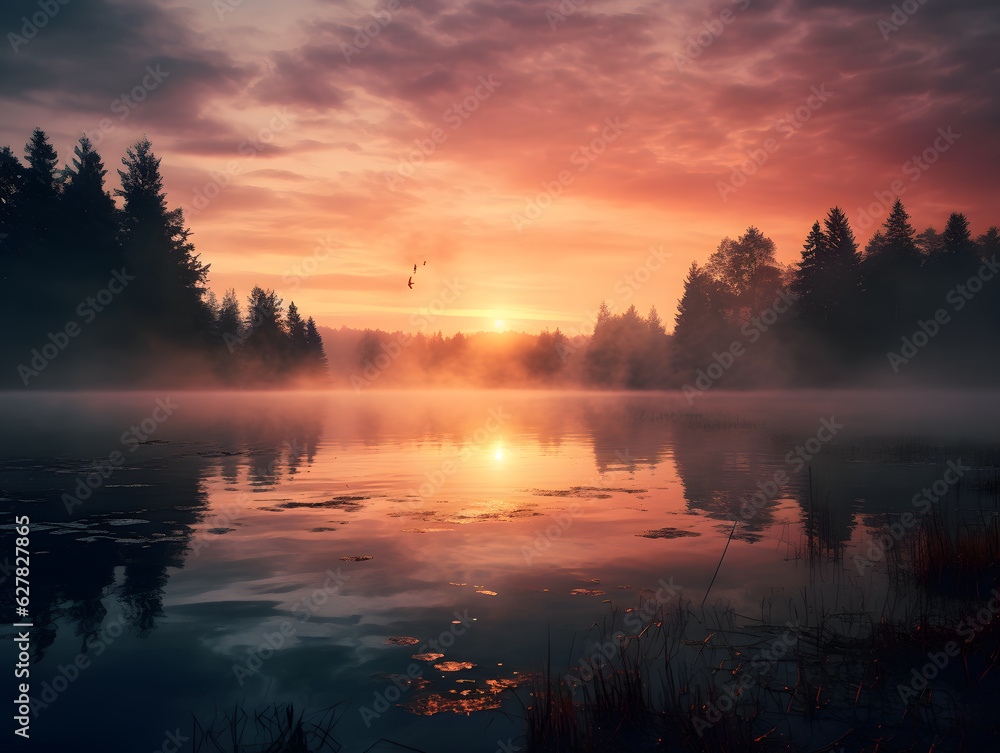Stunning Sunrise Over a Serene, Misty Lake - Perfect for Inspirational or Relaxation Themes