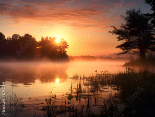 Stunning Sunrise Over a Serene  Misty Lake - Perfect for Inspirational or Relaxation Themes