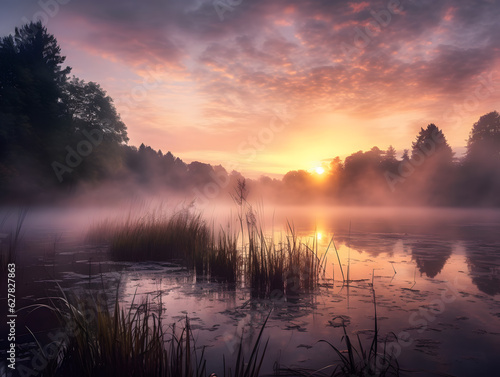 Stunning Sunrise Over a Serene, Misty Lake - Perfect for Inspirational or Relaxation Themes © Aaron Wheeler