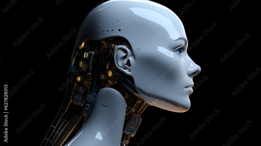 Female face robot android. Neuro interface. Link to the world of Artifical intelligence. Generative AI visual concept. Female face robot android. Neuro interface. Link to the world of Artifical intelligence. Generative AI visual concept.