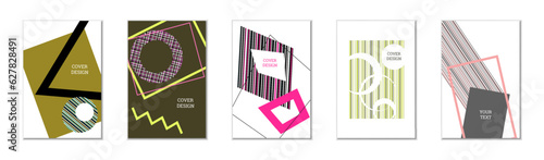 Geometric cover design, set of 5 covers. Abstract unusual background in Memphis style. Bright geometric shapes in random order