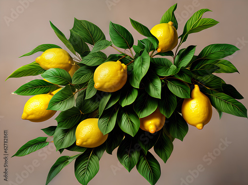 Floral background painted with lemons and leaves. photo