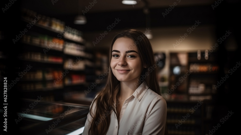 A woman store worker smiles. Retail store, grocery, pharmacy. A woman store worker smiles. Retail store, grocery, pharmacy.
