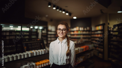 A woman store worker smiles. Retail store, grocery, pharmacy.