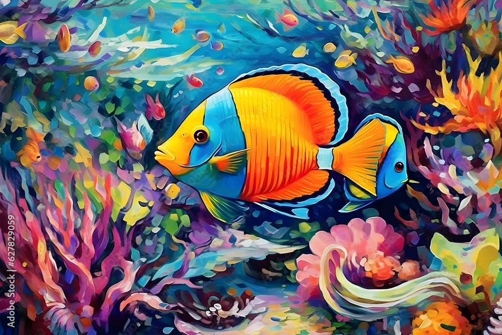 Fototapeta premium Underwater Wonders: Colorful tropical fish swimming in a coral reef. Generative ai.