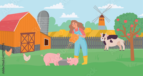Fototapeta Naklejka Na Ścianę i Meble -  Farm life. Young female woman feeding pig, meadow with cow and poultry. Animal husbandry and breeding