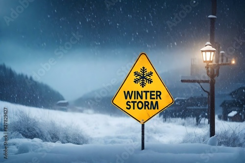 Fotografie, Obraz Winter storm alarm sign board in the village