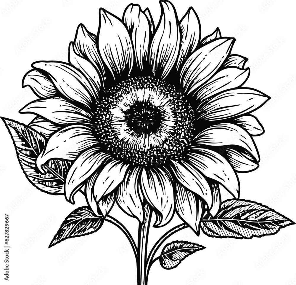 Fototapeta premium Sketch of sunflower Outline, Sunflower Line Art, Floral Line Drawing, black and white sunflowers vector illustration