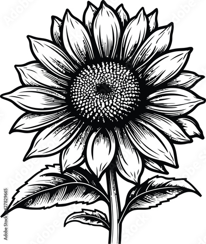 Sketch of sunflower Outline, Sunflower Line Art, Floral Line Drawing, black and white sunflowers vector illustration