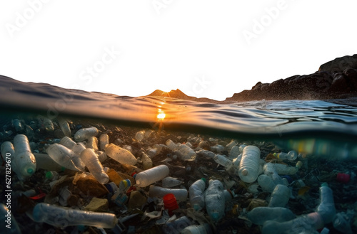 sunset ocean. trash infested sea. isolated transparent PNG.