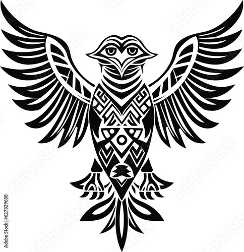Owl tribal abstract. Flying owl black silhouette with a pattern on the body. Hand drawing in ethnic style / Tattoo design. 
