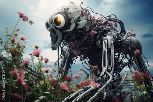 scary abandoned and lost robot-android walking in the field with flowers, ai tools generated image