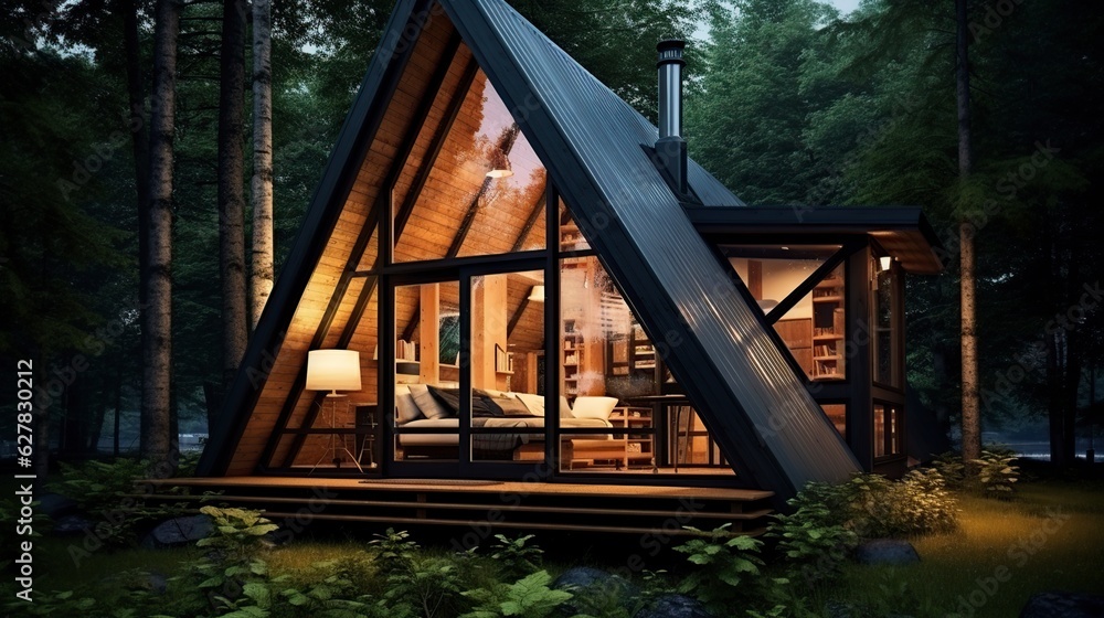 illustration, small wooden ecological cabin in the forest, ai generative