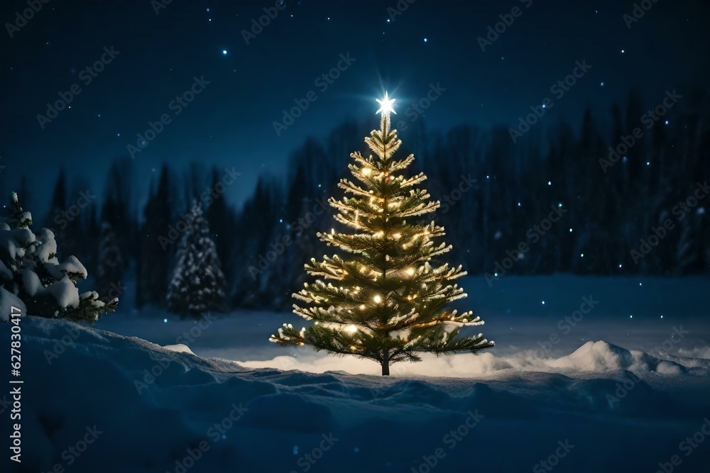 Christmas tree light up in the night with star at top.