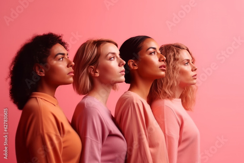 Diverse group of women on pink background exuding togetherness and strength
