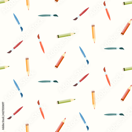 Seamless pattern of hand drawn school colour pencils and brushes on isolated background. Art education design for back to school prints, scrapbooking, textile, home and nursery decor, paper crafts. 