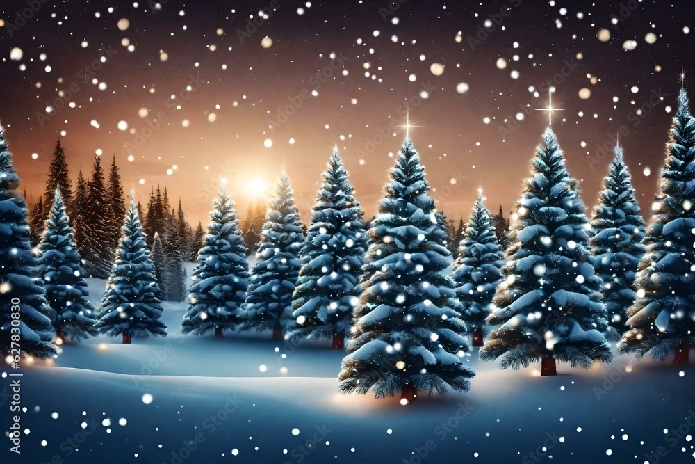 Merry christmas landscape with trees and snowfalling