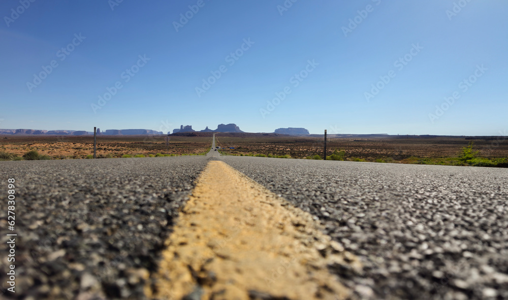 Straight road to Monument Valley; on the sides desert landscape with some shrubs