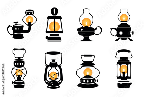 Lantern silhouette. Vintage black oil kerosene gas lamps, monochrome retro night light equipment with holder flat style