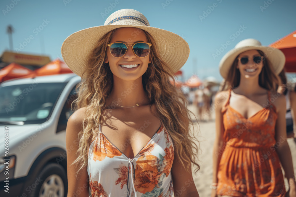 Young smiling girlfriends in fashionable summer clothes walking down the beach