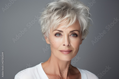 Beautiful mid aged mature woman portrait isolated on white. Mature old lady close up. Healthy face skin care beauty, middle age skincare cosmetics, cosmetology concept.