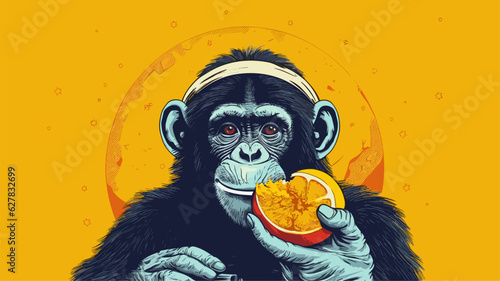 vector drawing monkey eating orange