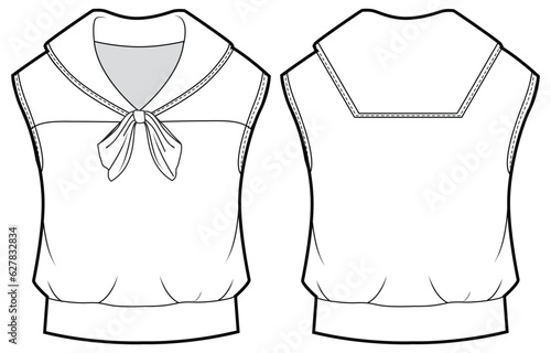 Girls sleeveless Sailor collar Blouse top design flat sketch fashion illustration vector template with front and back view, Toddler baby girl blouse