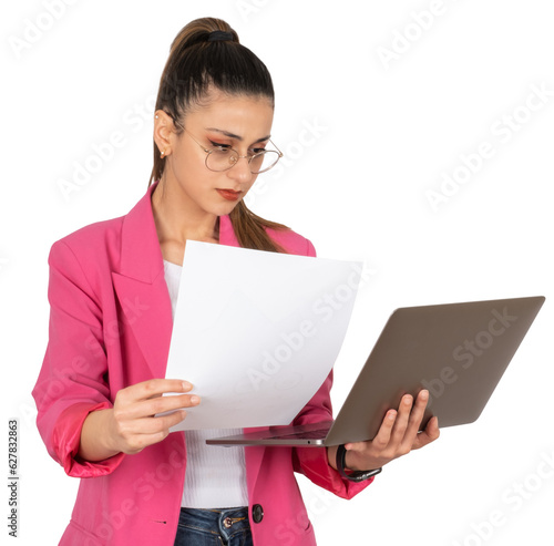 Holding documents and laptop, portrait of young busy business woman manager, lawyer, accountant holding documents and laptop. Checking financial reports, working. Isolated transparent png background.