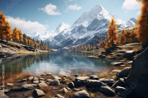Mountain landscape photography with serene lakes and trees in autumn tones, Generative AI