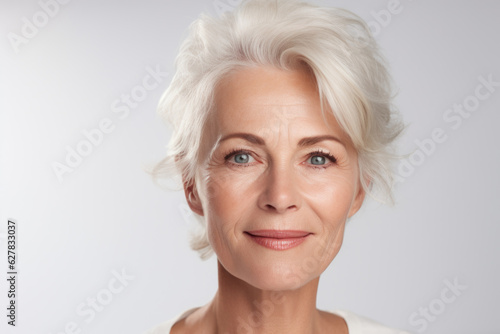 Beautiful mid aged mature woman portrait isolated on white. Mature old lady close up. Healthy face skin care beauty, middle age skincare cosmetics, cosmetology concept.