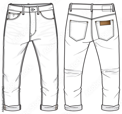 Men's denim jeans trouser pants front and back view flat sketch fashion illustration, five pockets denim pants vector template