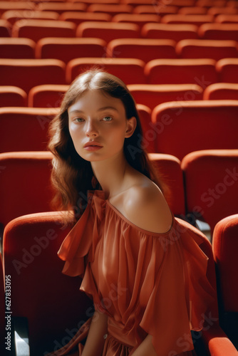 portrait of a woman/model/book character sitting in a cinema/theatre surrounded by velvet seats in in a fashion/beauty editorial magazine style film photography look - generative ai art
