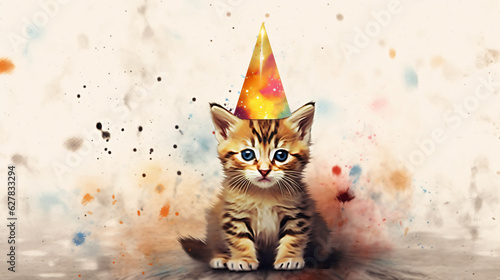 baby cat wearing a party hat for birthday celebraiton in watercolor painting design © bmf-foto.de