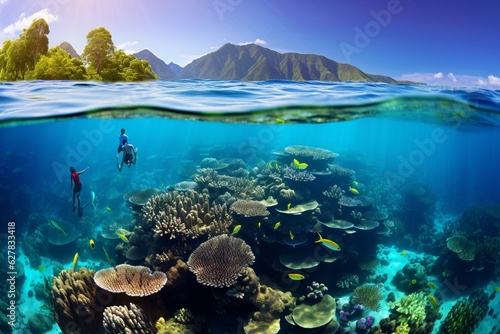 Photograph of people snorkeling on vibrant  healthy coral reefs  Generative AI