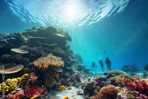 Photograph of people snorkeling on vibrant, healthy coral reefs, Generative AI