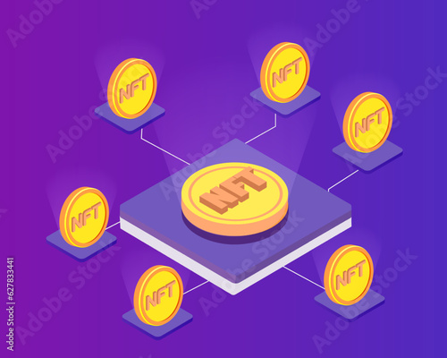 Isometric NFT Non-fungible token technology background NFT blockchain.