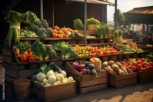 Fresh food photography at modern urban farmers markets, Generative AI