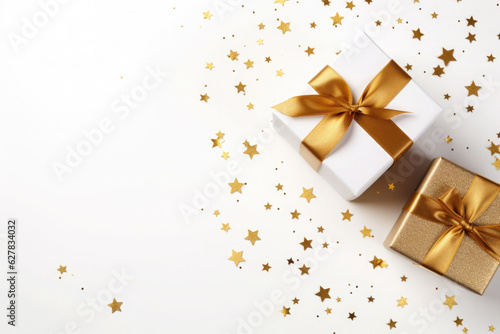 Gifts or presents boxes with gold bows and confetti on white background, top view. AI generated